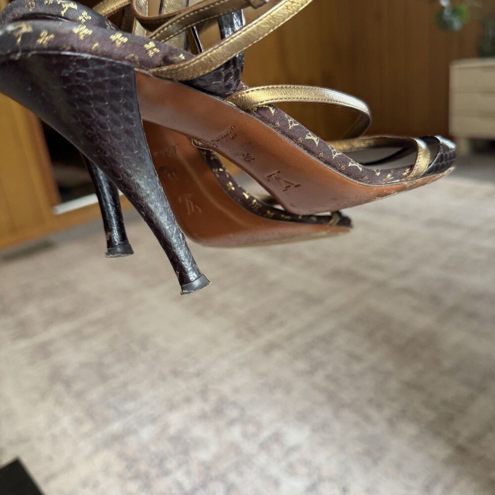 Louis Vuitton Brown Python And Metallic Gold Leather Strappy Sandals Size 39 - Picture 9 of 16